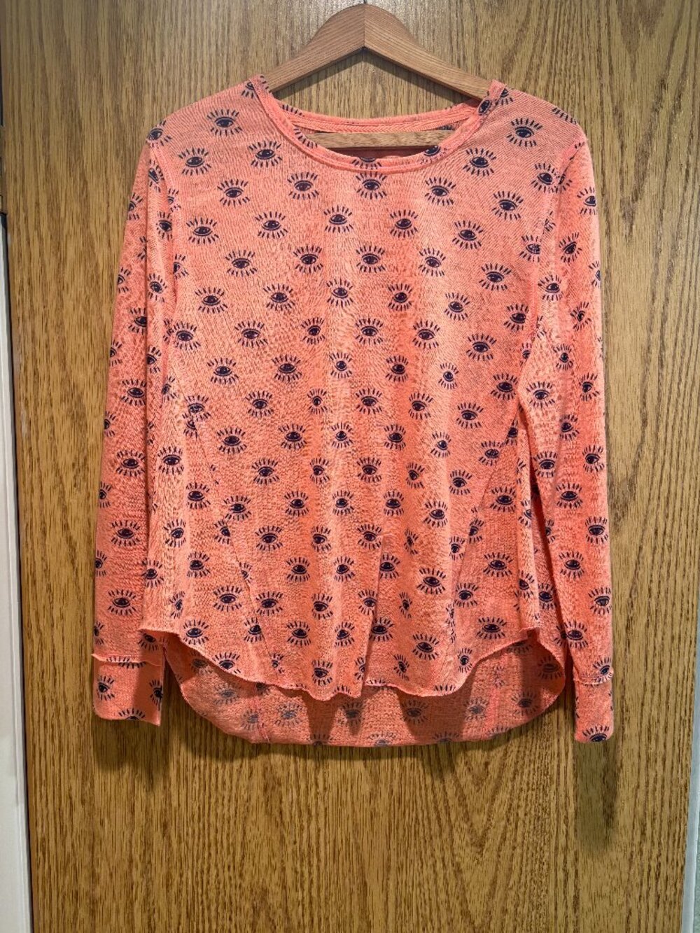 Lightweight Evil Eye Print Long Sleeve Knit Top Peach Boho Festival Layering